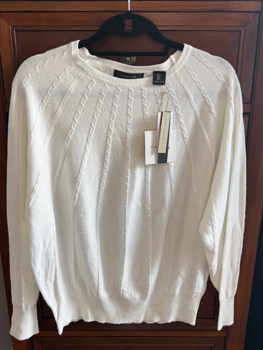 Tahari Cream Cable-Detail Crewneck Sweater